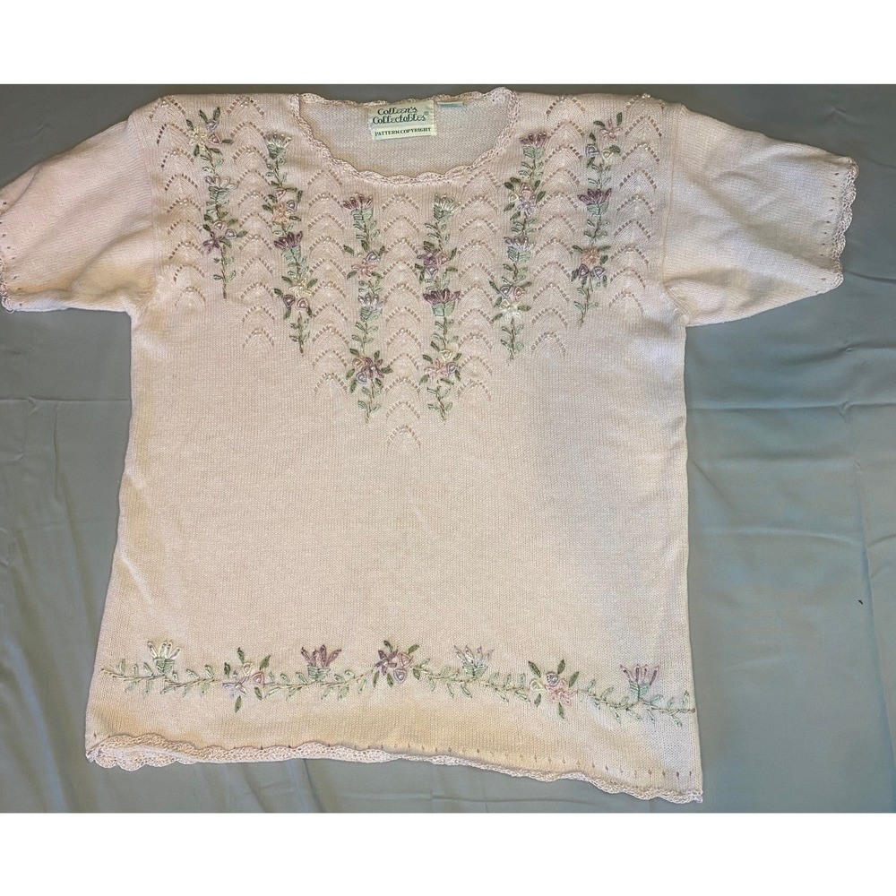 Vintage 90s Colleen's‎ Collectables Knit Top Pink Embroidered Cottagecore Medium